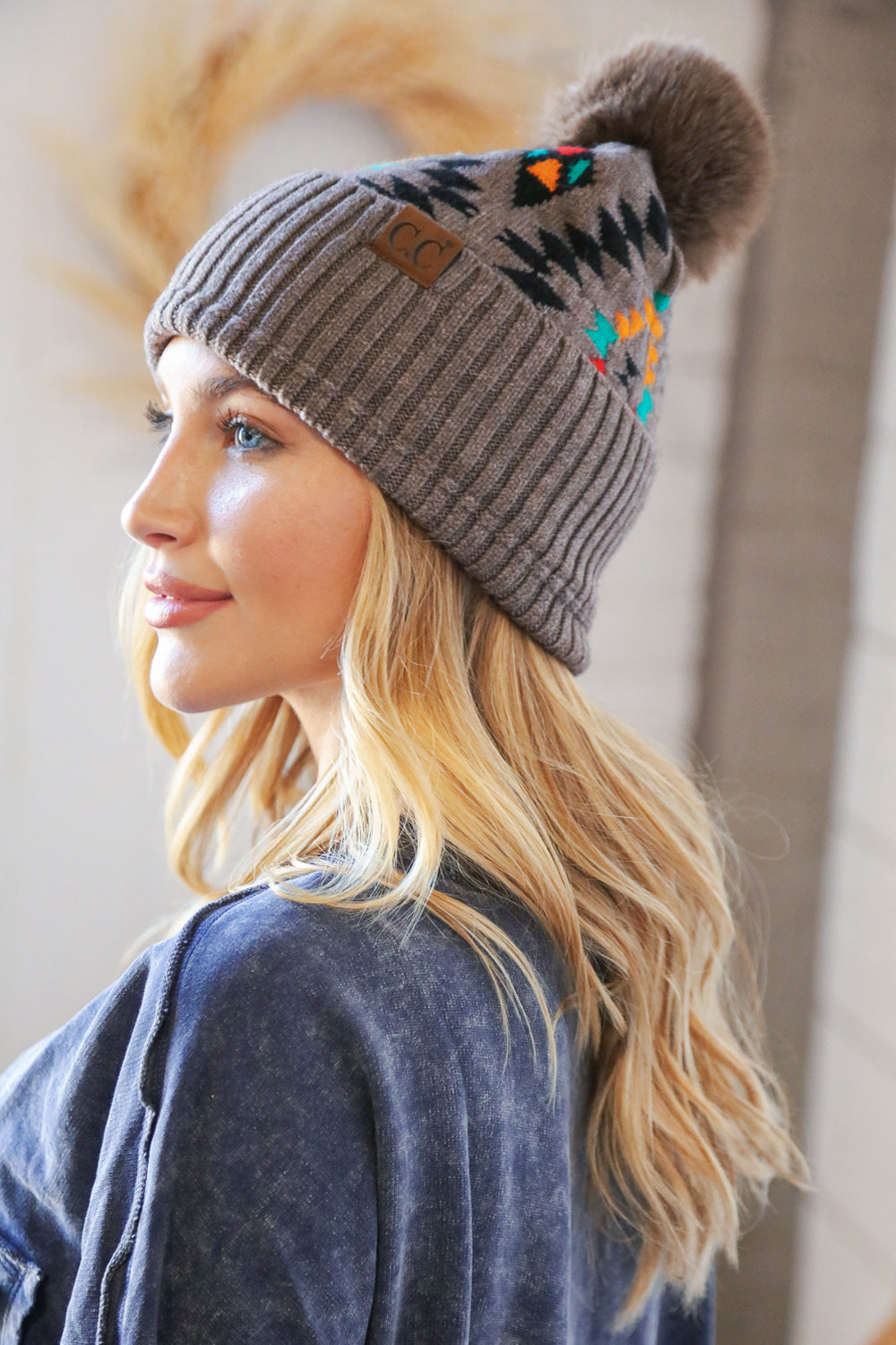 CC Exclusive Taupe Tribal Knit Beanie w/Pompom