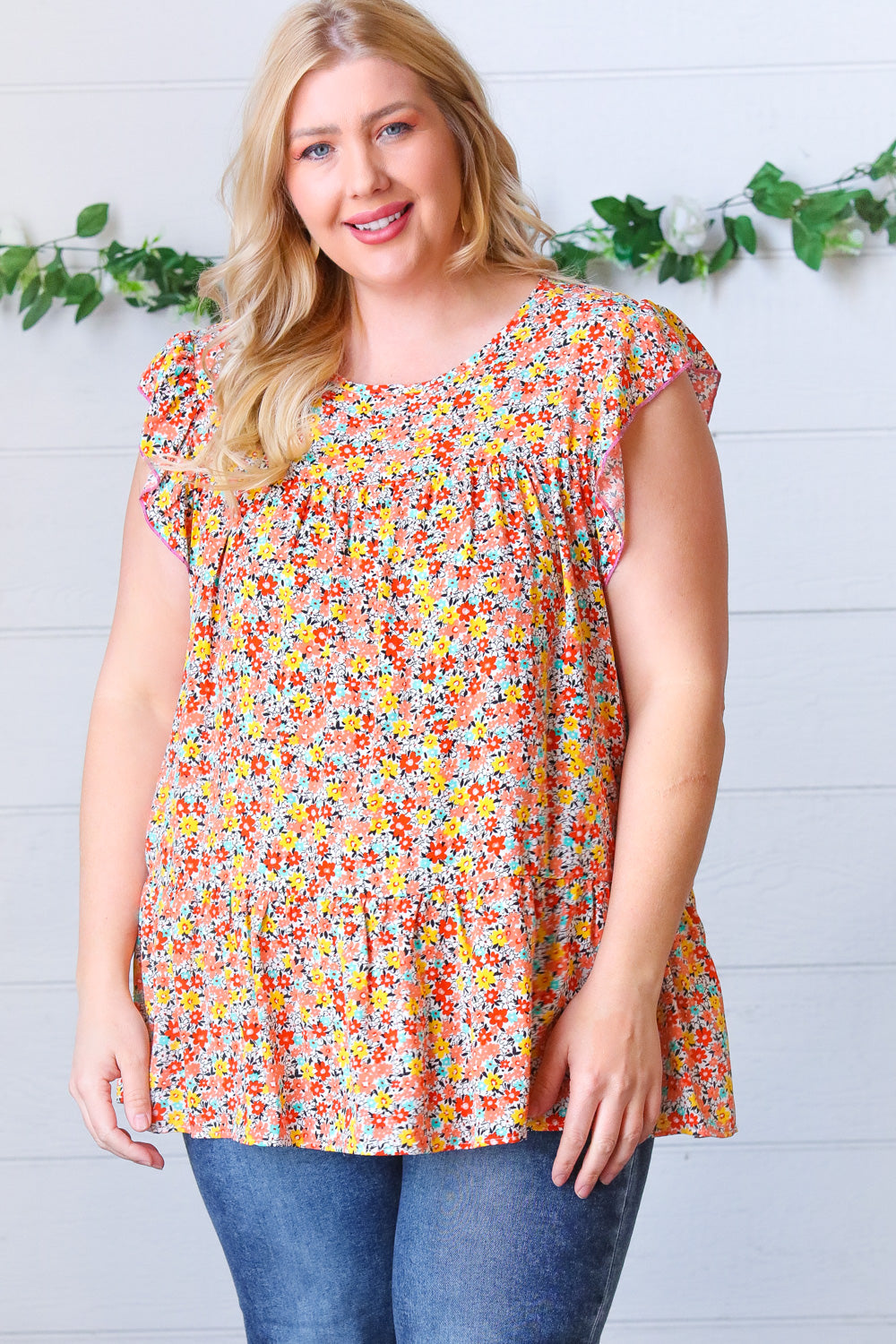 Sunset Floral Print Ruffle Tiered Keyhole Top