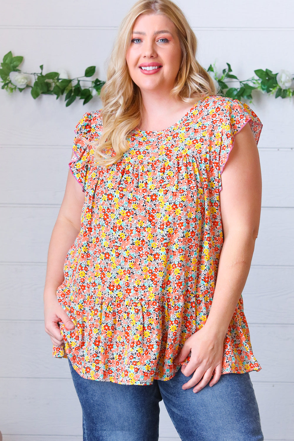 Sunset Floral Print Ruffle Tiered Keyhole Top