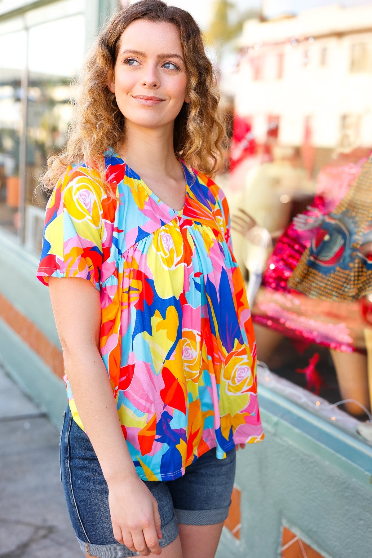 Orange & Yellow Geometric Floral V Neck Dolman Top