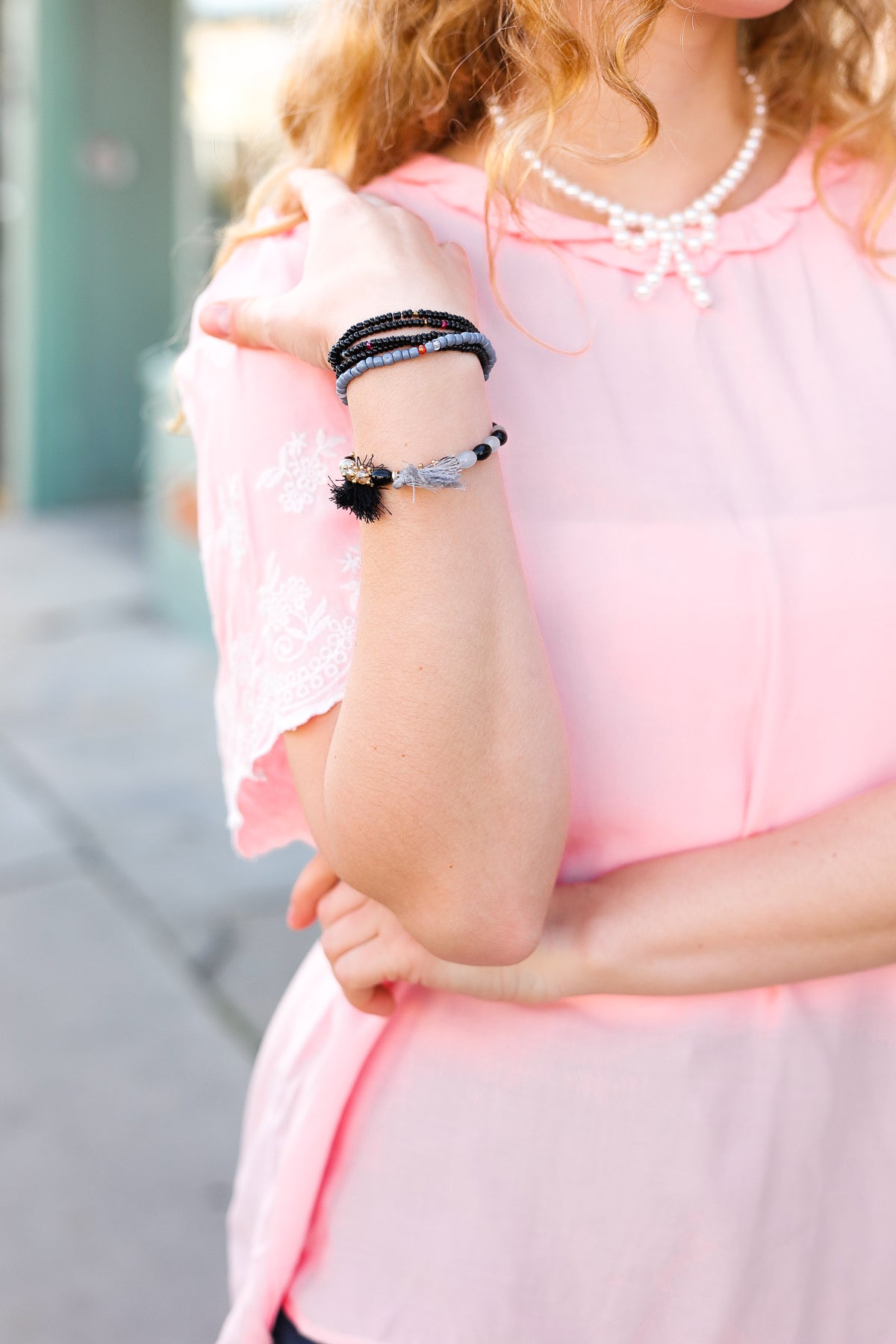 Gray & Black Beaded Tassel Bracelet Set