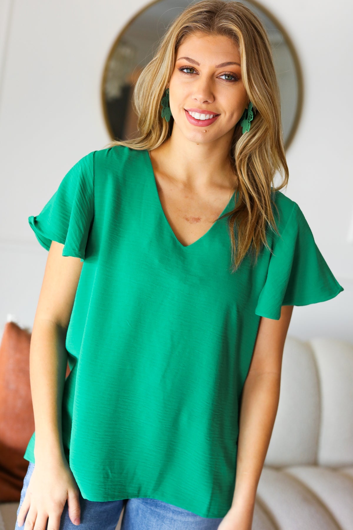 In Your Dreams Emerald Green Flutter Sleeve V Neck Top