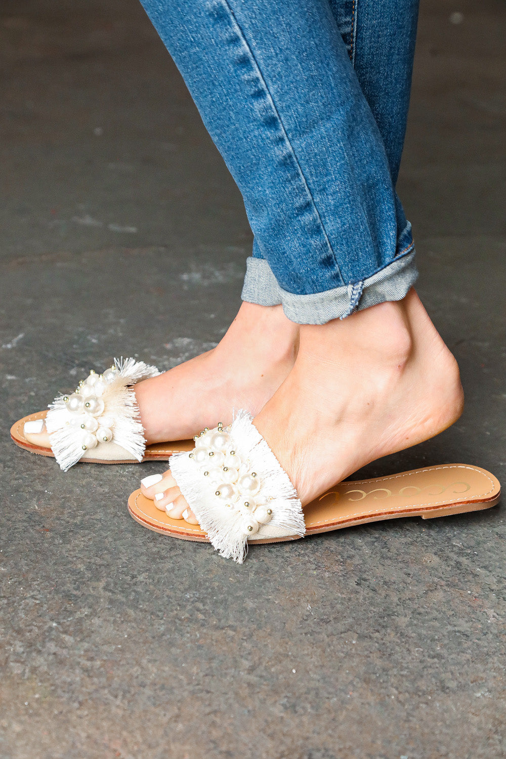 Ivory Linen Fray Beaded Faux Pearl Slide Sandal