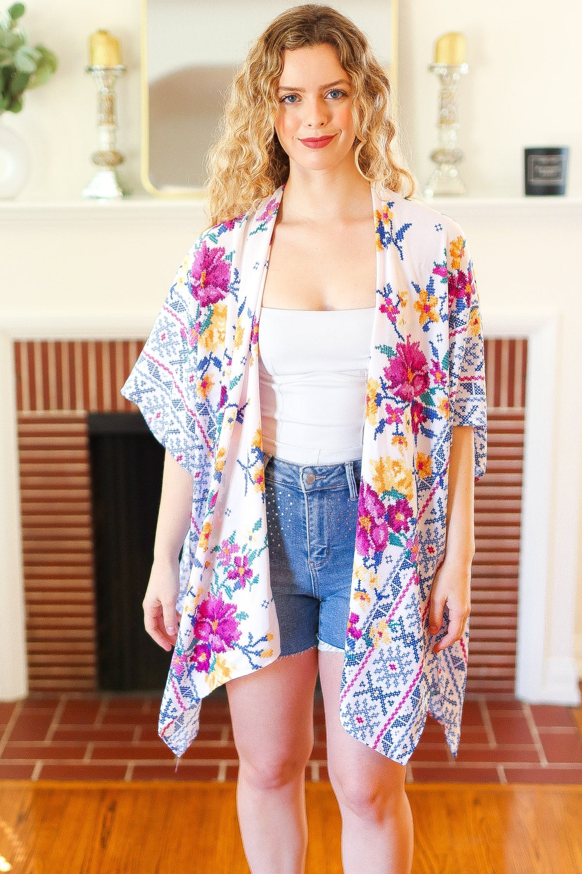 In Your Dreams Ivory Floral Border Print Open Kimono