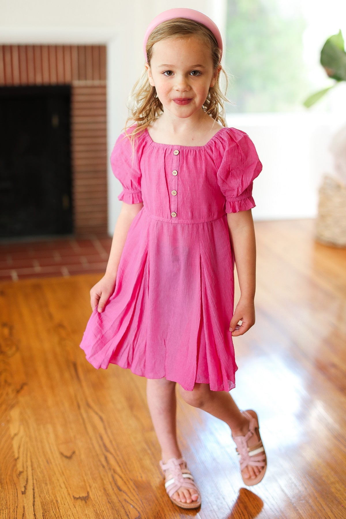 Kids Adorable Dark Rose Button Square Neck Ruche Dress