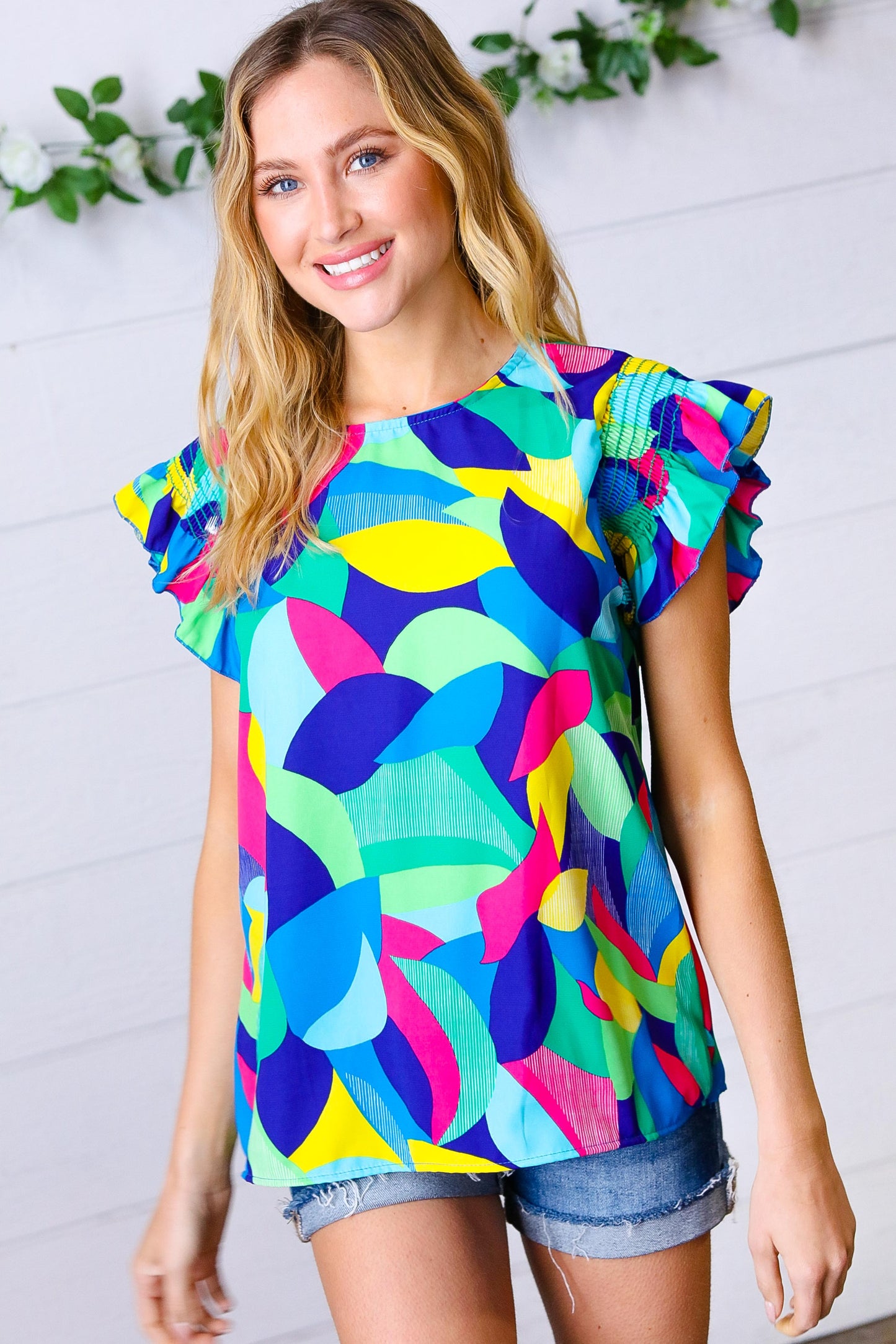 Multicolor Geo Smocked Ruffle Frill Sleeve Top