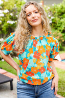 Vacay Ready Blue & Orange Floral Frill Mock Neck Top