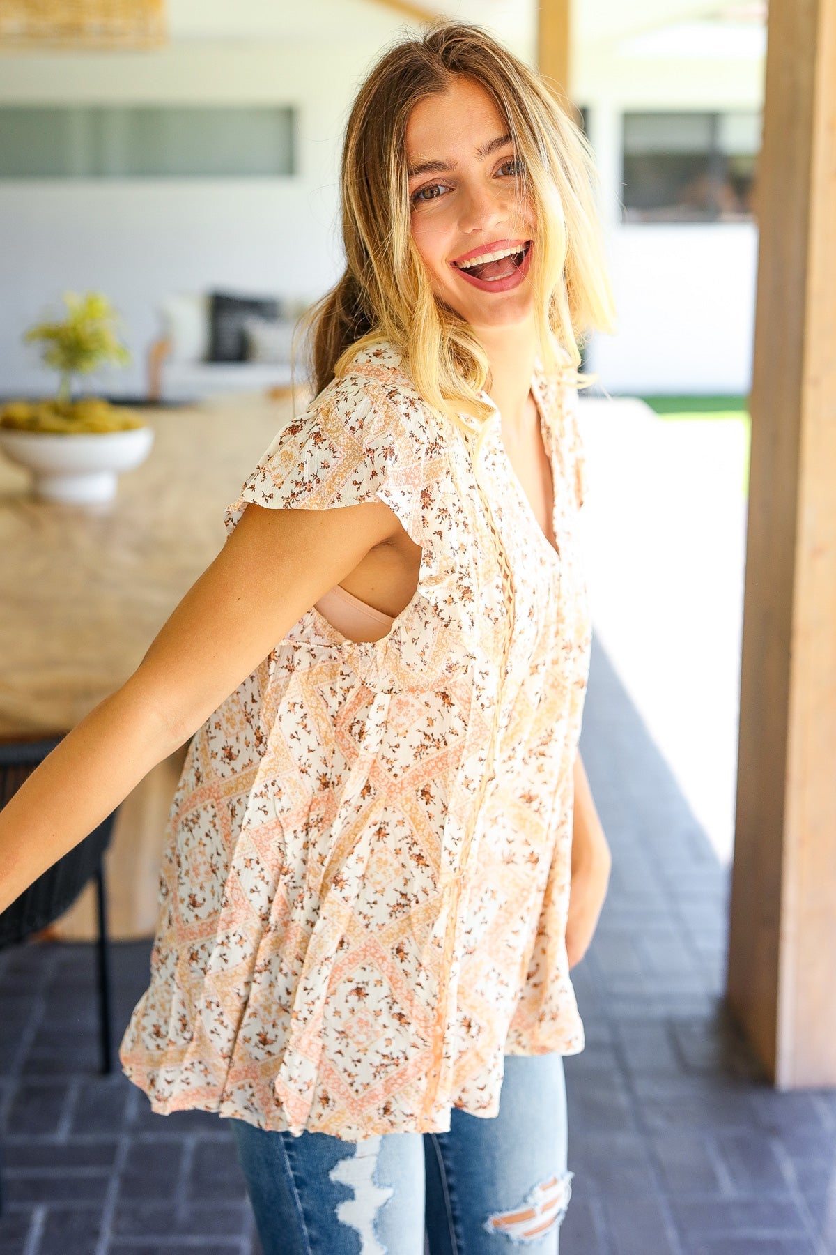 True Beauty Peach Floral Lattice Trim V Neck Ruffle Sleeve Top