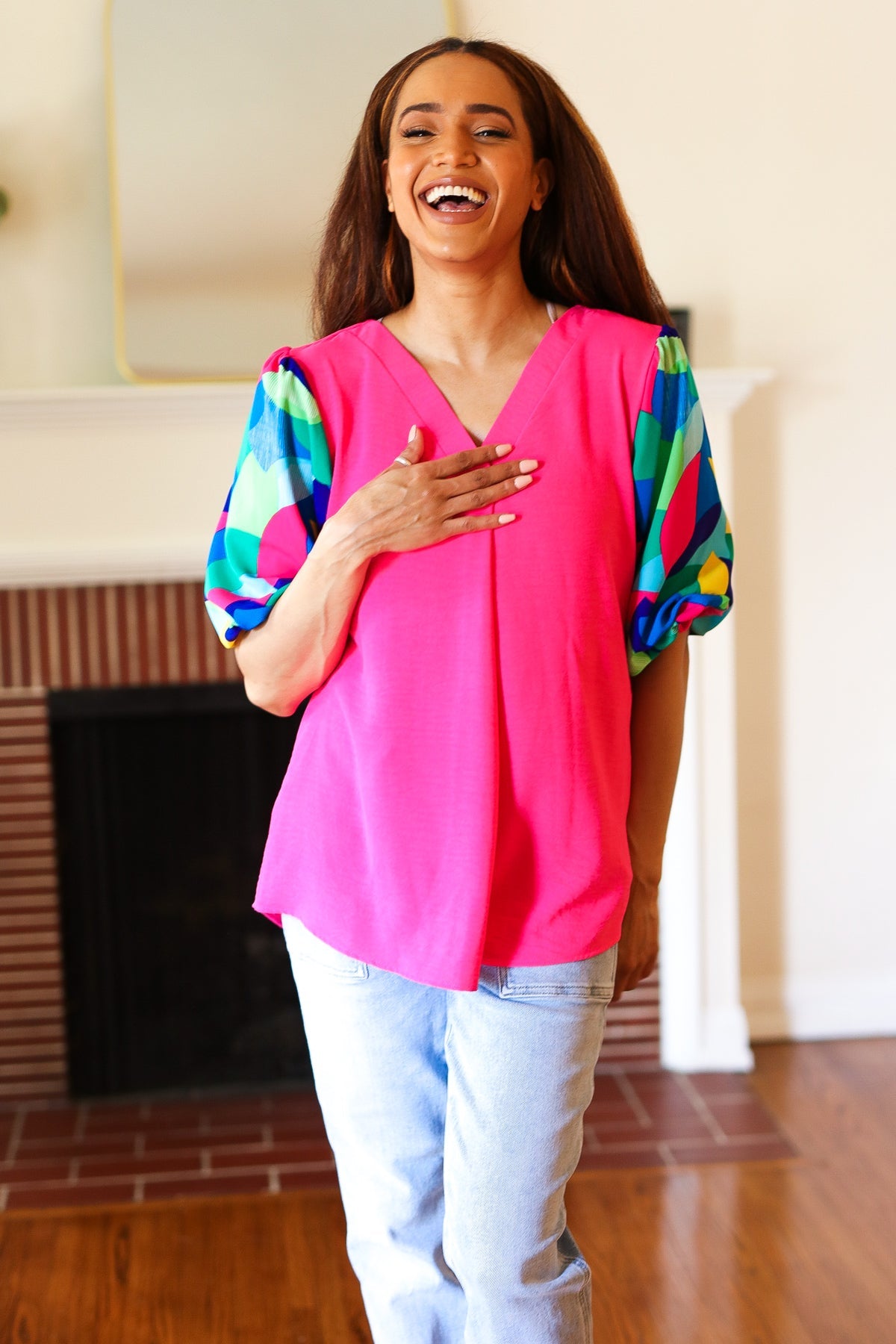 Tell Your Story Fuchsia Geo Print Puff Sleeve V Neck Top