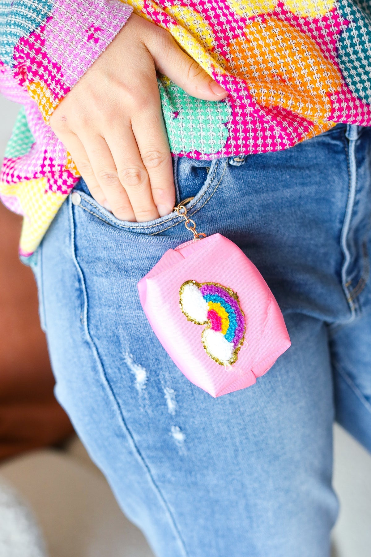 Bubblegum Pink Rainbow Patch Coin Purse Keychain