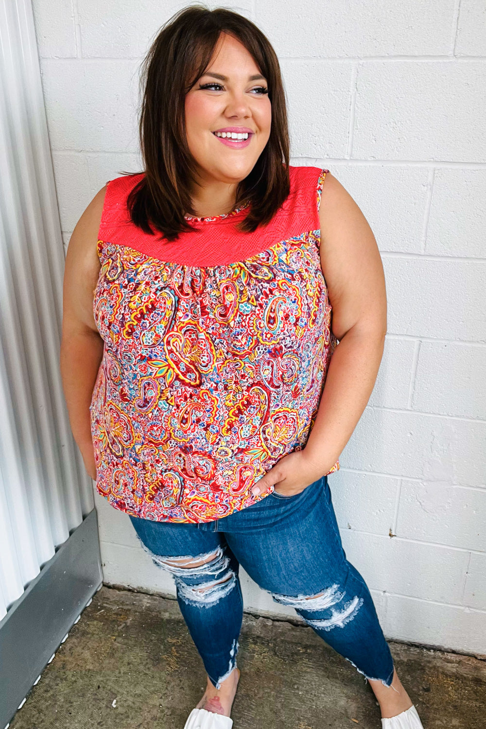 Coral Jacquard Lace Paisley Print Tank Top