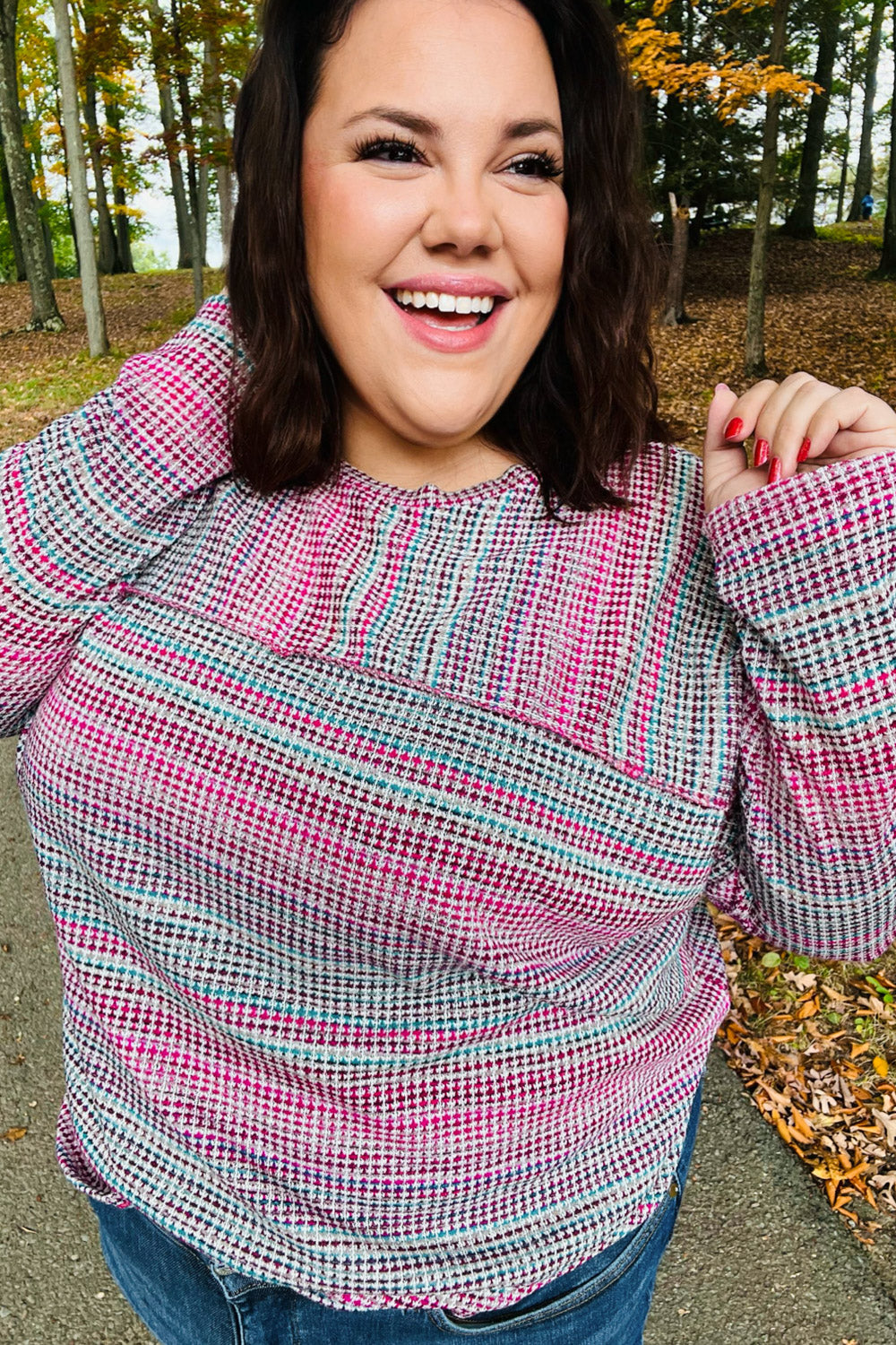 On The Run Magenta Multicolor Vintage Textured Knit Top