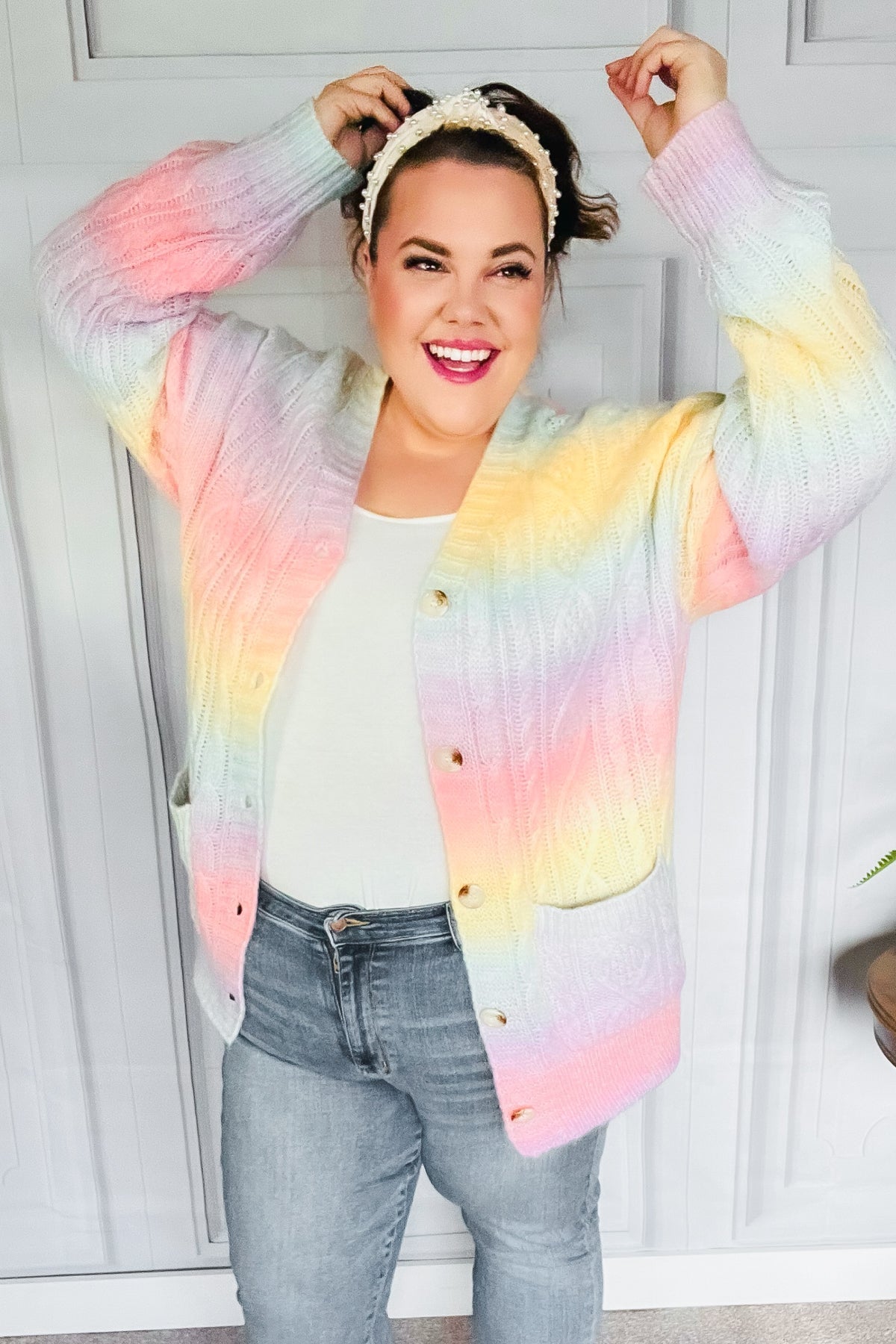 Face The Day Rainbow Ombre Cable Knit Cardigan