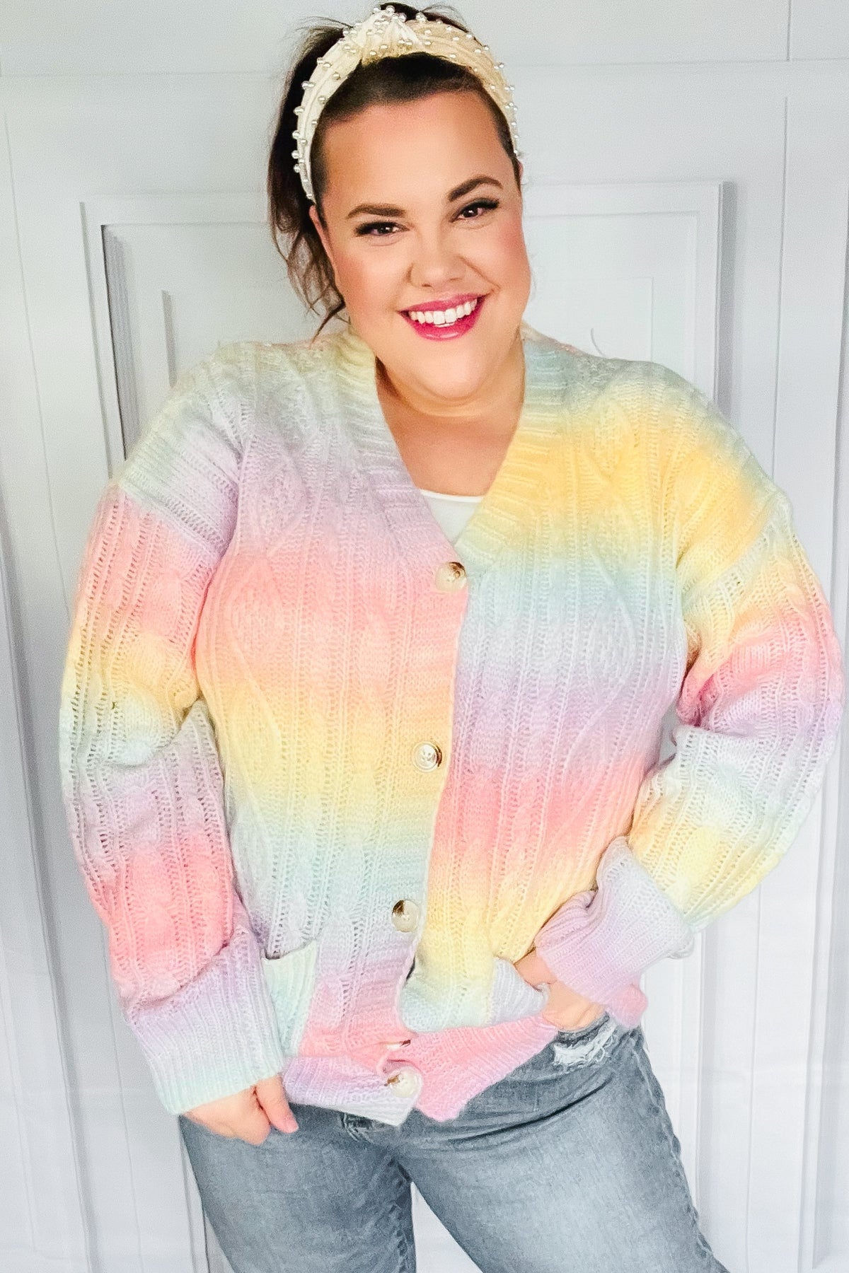 Face The Day Rainbow Ombre Cable Knit Cardigan