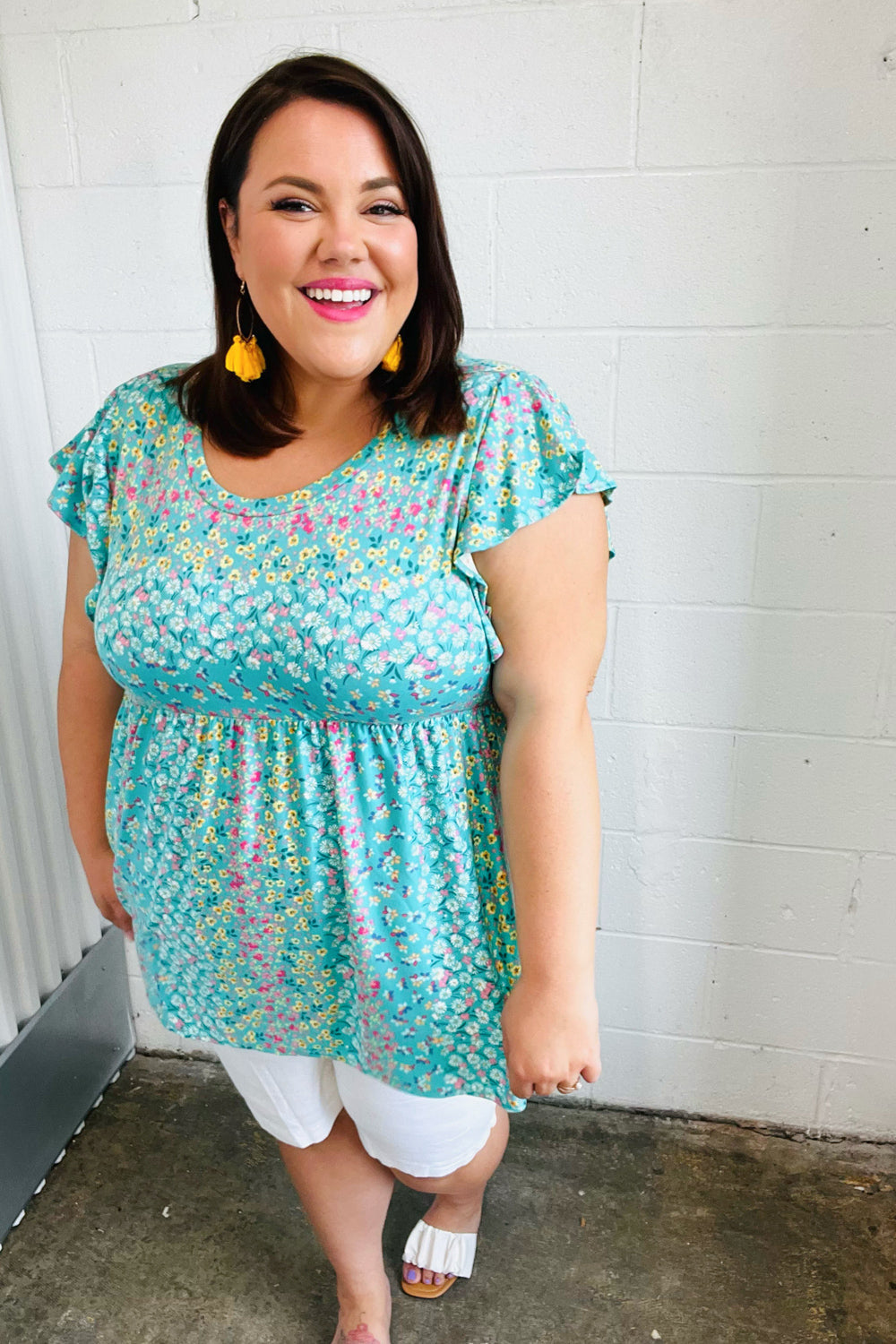 Turquoise Floral Stripe Babydoll Top