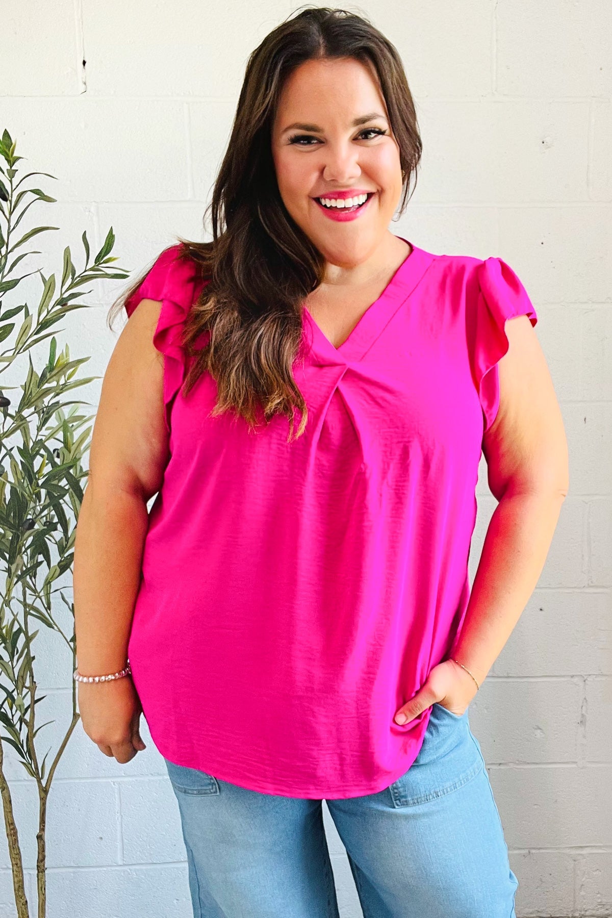 Summer Days Fuchsia Banded V Neck Flutter Sleeve Top