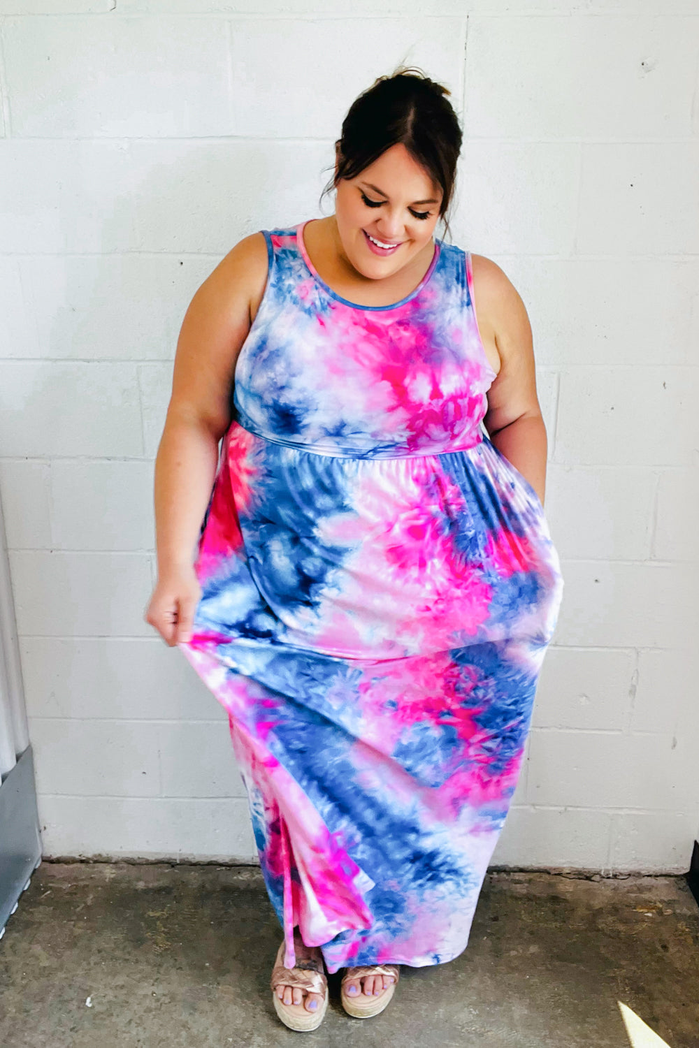 Pink & Blue Tie Dye Fit and Flare Sleeveless Maxi Dress