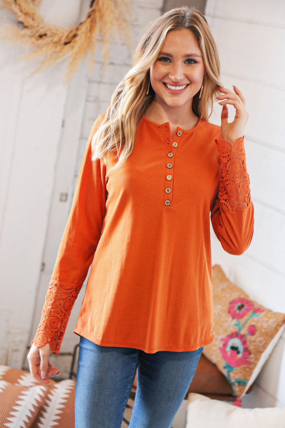 Rust Cotton Blend Ribbed Henley Lace Cuff Top