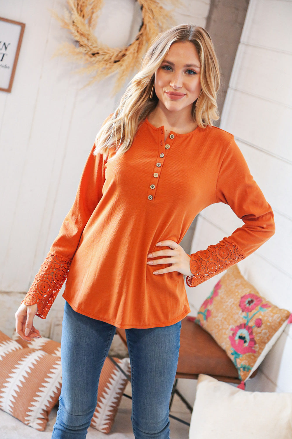 Rust Cotton Blend Ribbed Henley Lace Cuff Top