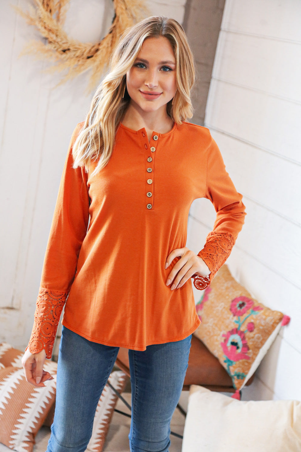 Rust Cotton Blend Ribbed Henley Lace Cuff Top