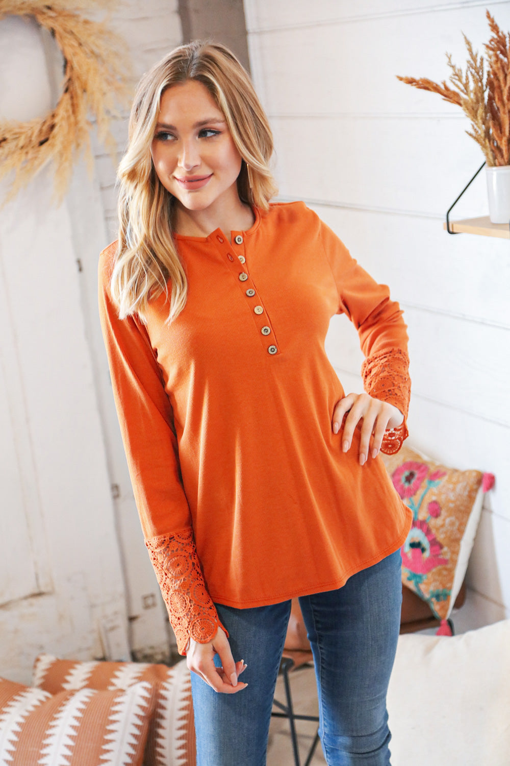 Rust Cotton Blend Ribbed Henley Lace Cuff Top