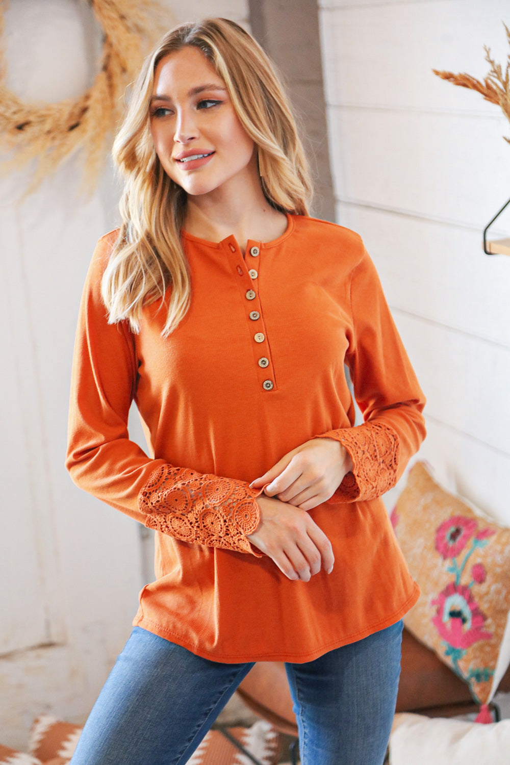 Rust Cotton Blend Ribbed Henley Lace Cuff Top