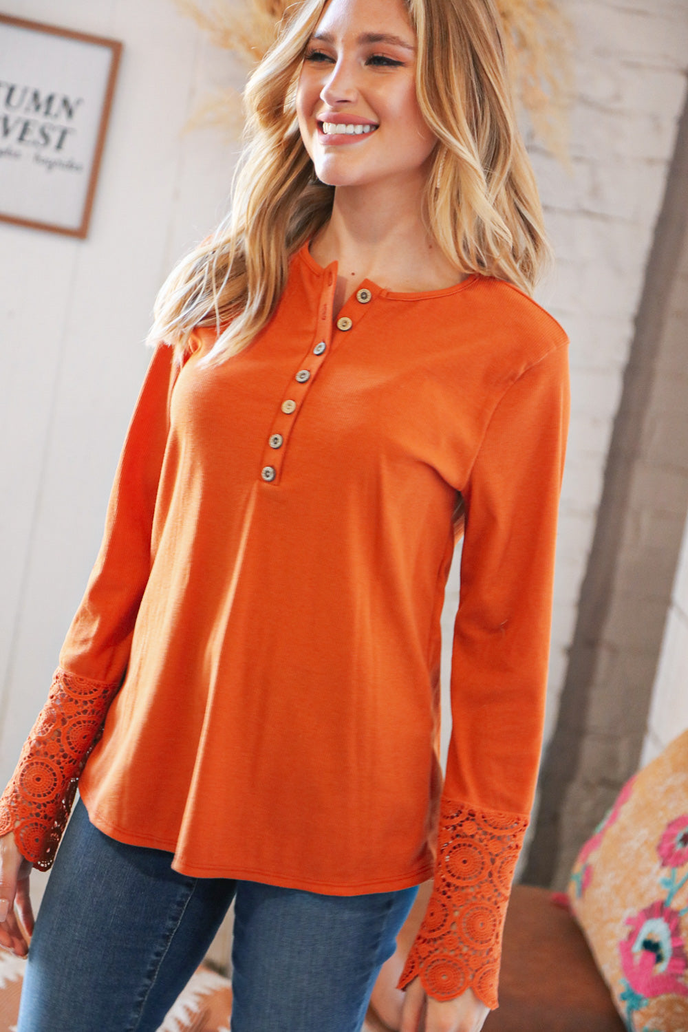 Rust Cotton Blend Ribbed Henley Lace Cuff Top