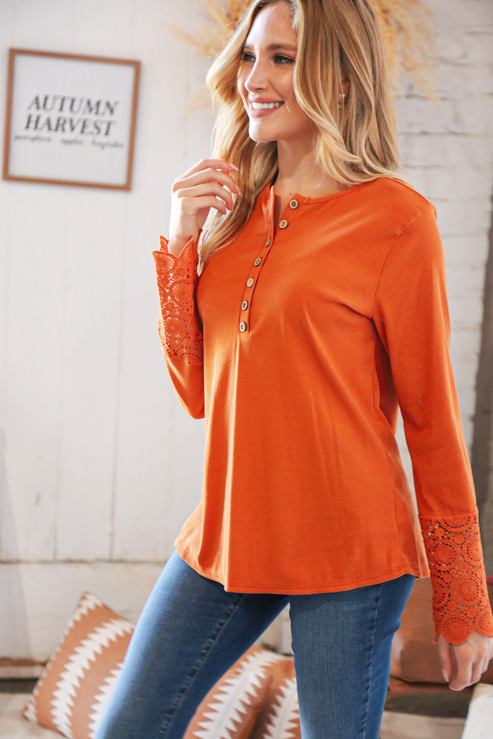 Rust Cotton Blend Ribbed Henley Lace Cuff Top