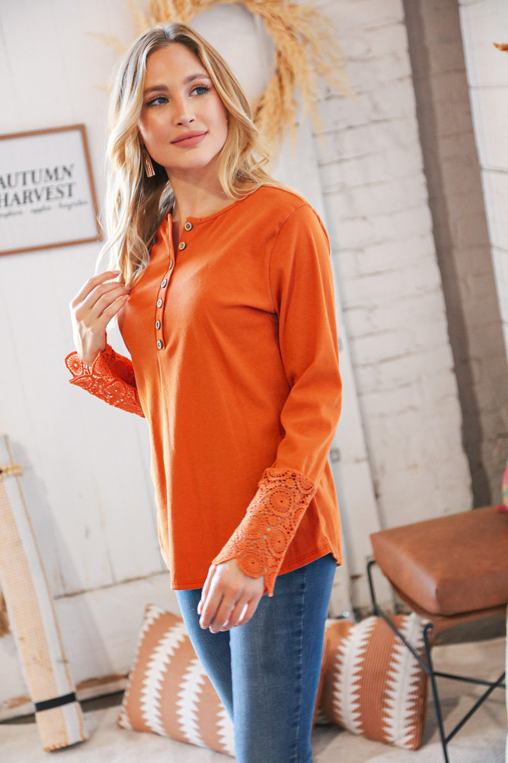 Rust Cotton Blend Ribbed Henley Lace Cuff Top