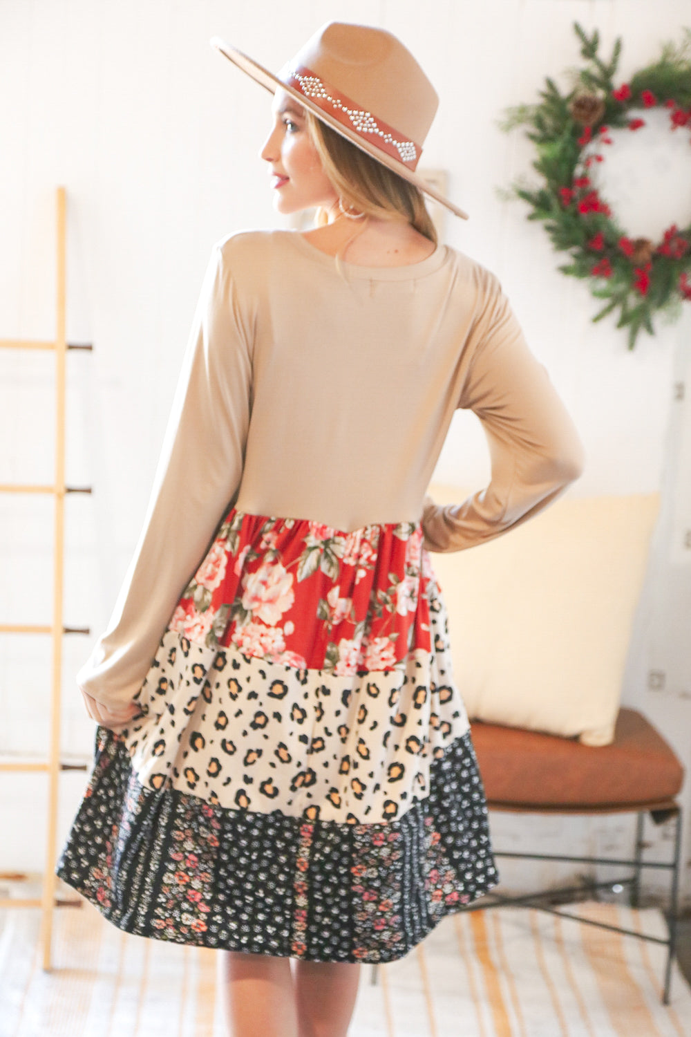 Taupe Floral & Leopard Print Tiered Pocketed Mid Dress